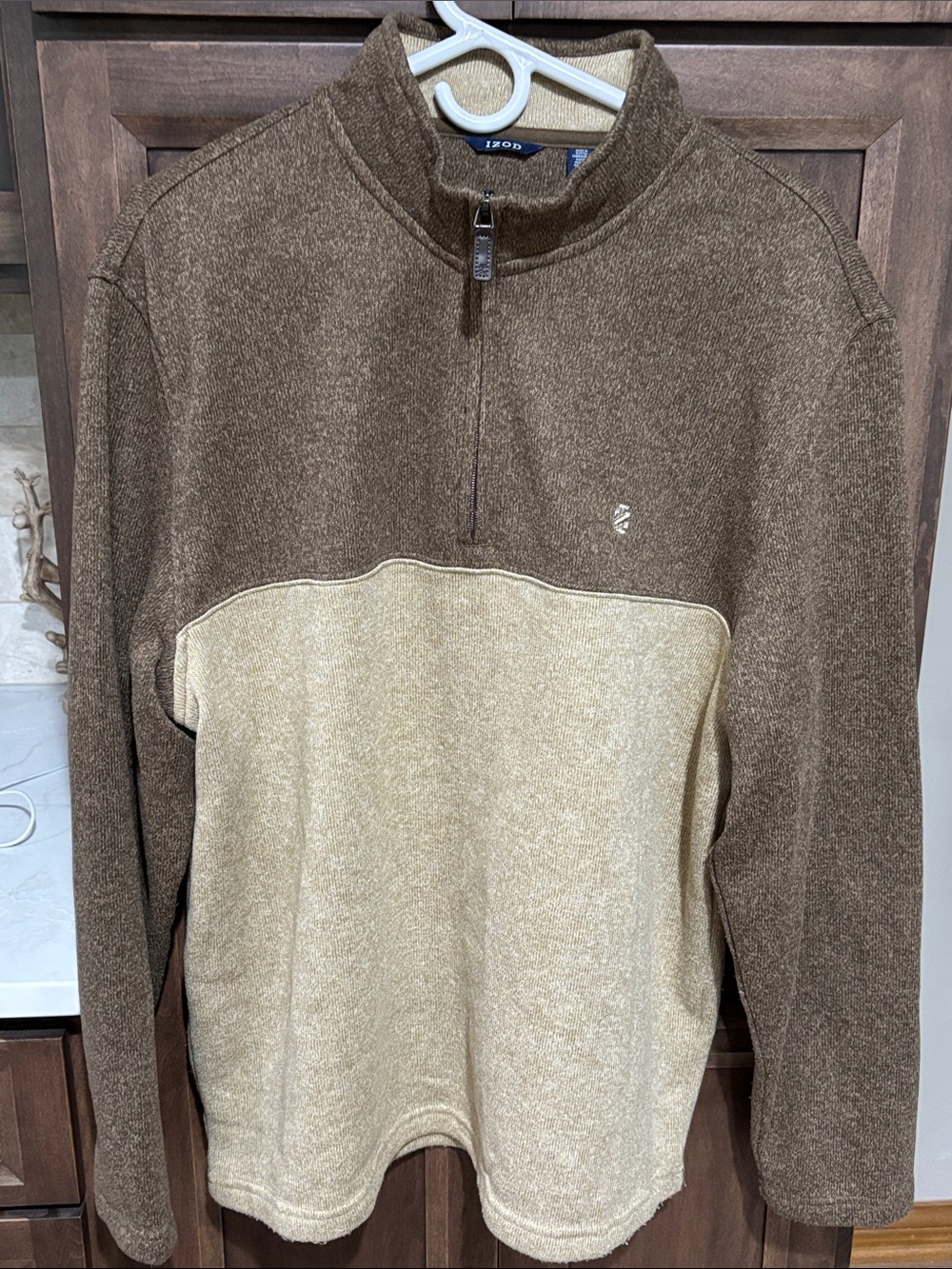 Izod Two-Tone Brown and Cream Quarter-Zip Pullover Men’s Size XL